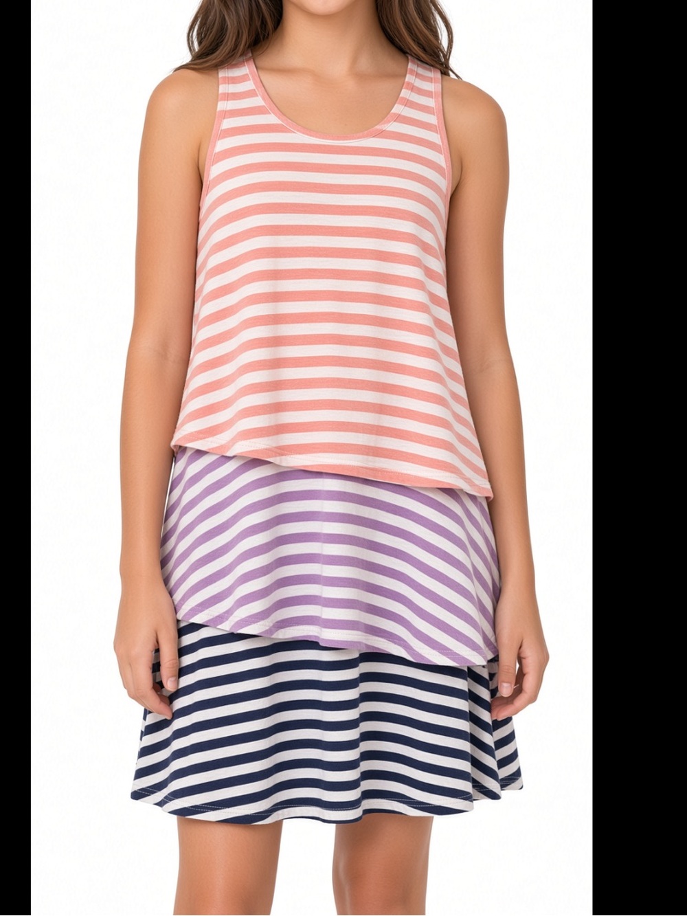 Splendid Girls' Striped Layered Tank Top - Coral, Lavender & Navy size 12